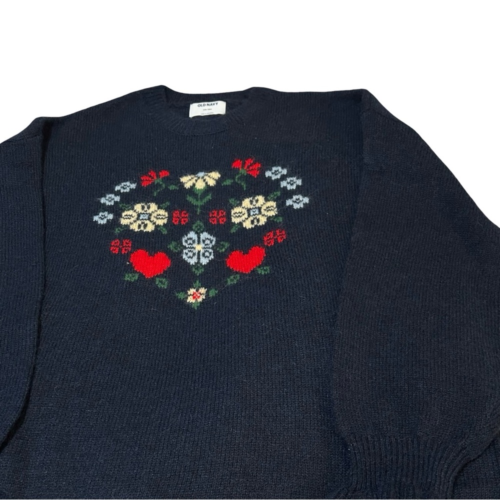 NWT! Old Navy, NAVY Blue  Floral Heart Crewneck Sweater w/ Red & Cream Motif,XXL - Picture 8 of 12